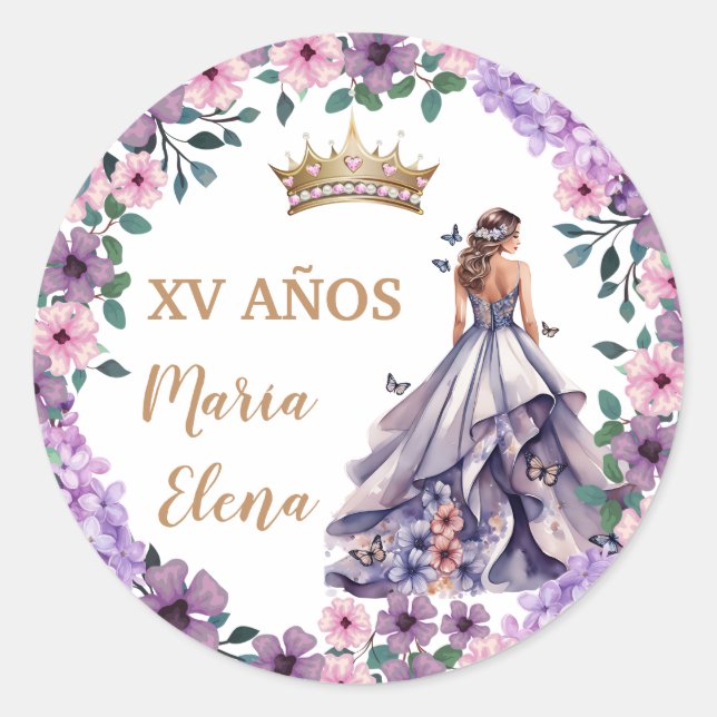 Purple Blooms and Butterflies: Quinceañera Classic Round Sticker (Front)