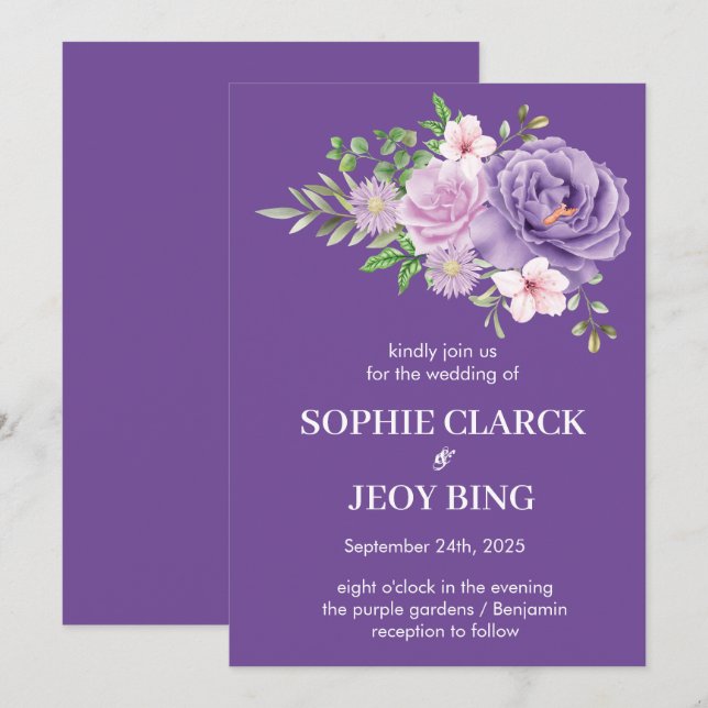 Purple Blooms Dusty Rose Floral Wedding Invitation (Front/Back)