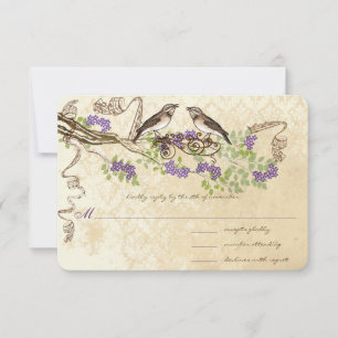 Purple Blooms Green Leaf Vintage Bird Wedding RSVP Card
