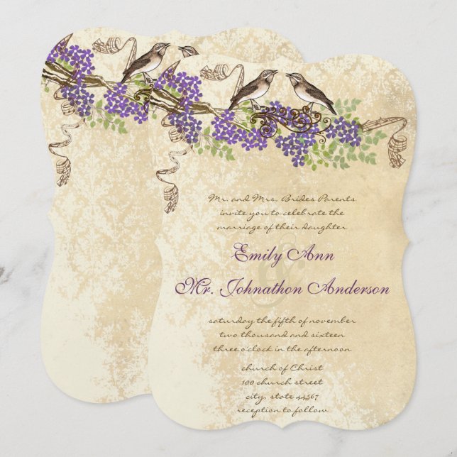 Purple Blooms Green Leaves Vintage Bird Weddings Invitation (Front/Back)