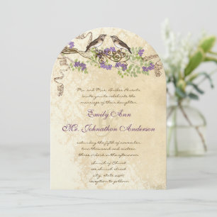 Purple Blooms Green Leaves Vintage Bird Weddings Invitation