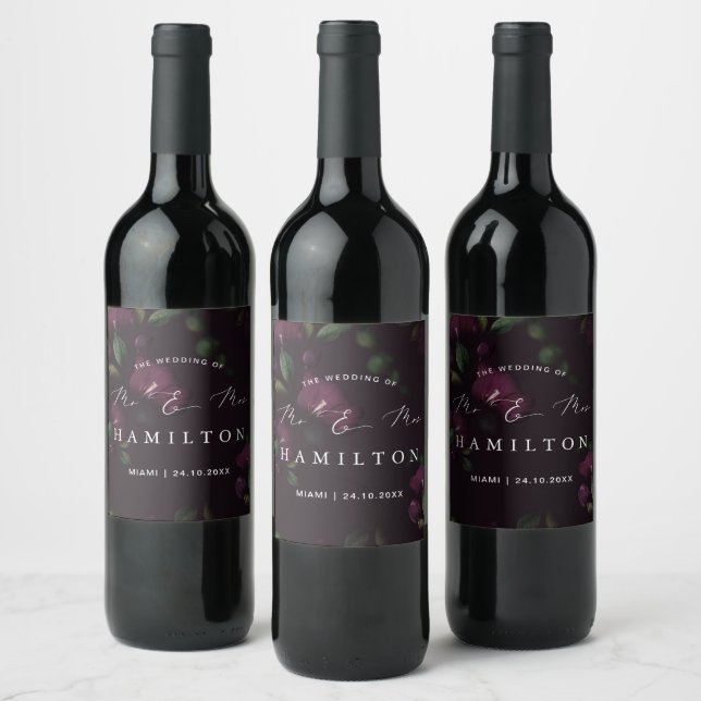 Purple Blooms Moody Gothic Wedding Wine Label (Bottles)