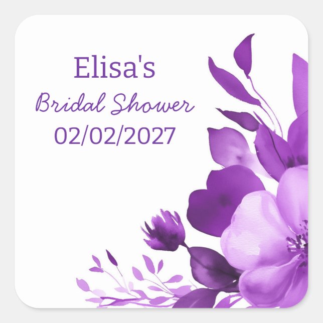 Purple Blooms Watercolor Custom Bridal Shower  Square Sticker (Front)