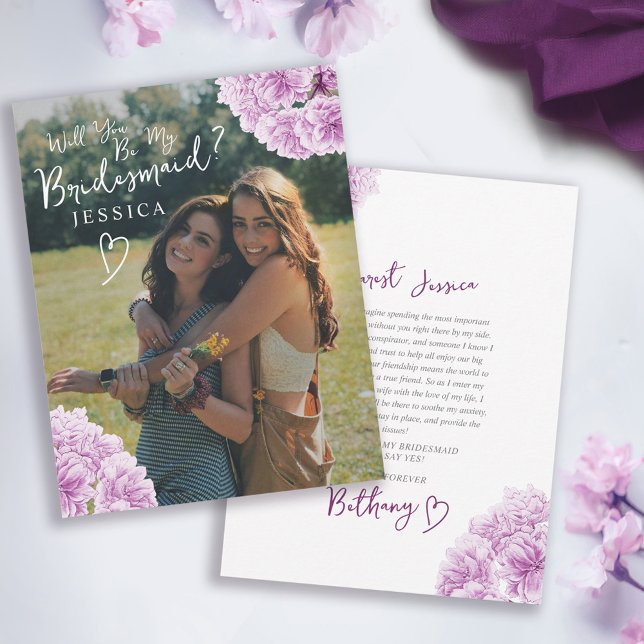Purple blossom watercolor bridesmaid proposal card (Creator Uploaded)
