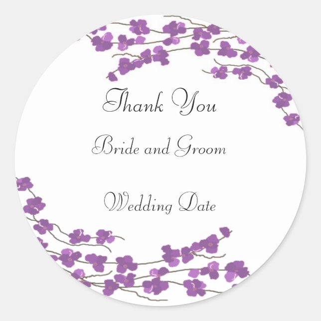 Purple Blossom Wedding Thank You Classic Round Sticker (Front)