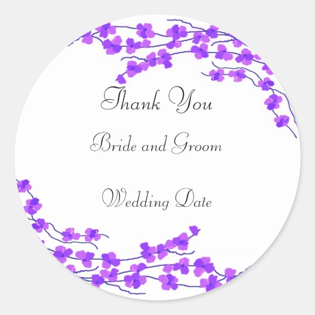 Purple Blossom Wedding Thank You Classic Round Sticker (Front)