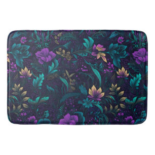 Purple Blossoms and Teal Leaves Bath Mat
