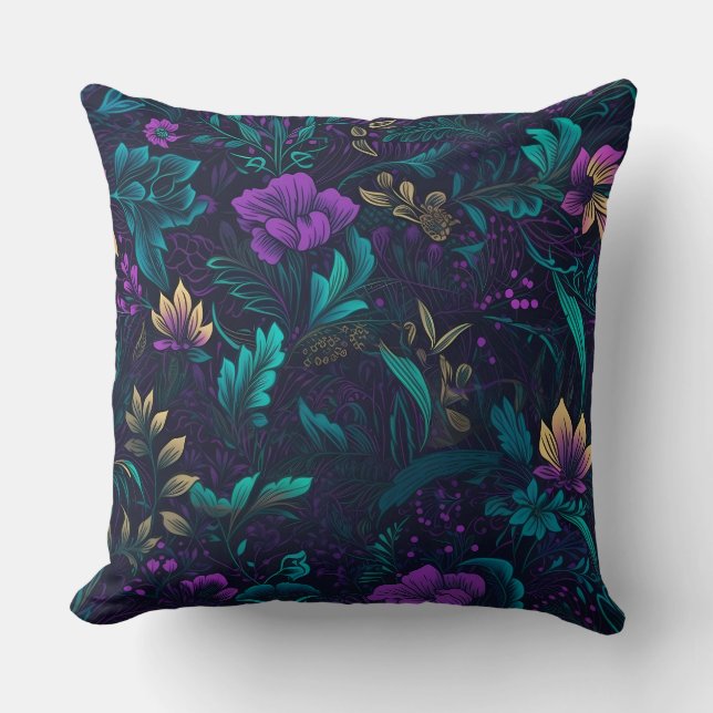 Purple Blossoms and Teal Leaves Cushion (Front)