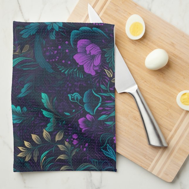Purple Blossoms and Teal Leaves Tea Towel (Quarter Fold)