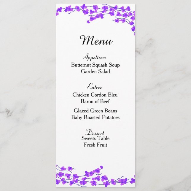 Purple Blossoms Wedding Menu Card (Front)