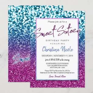 Purple Blue and Bokeh Lights Glam Sweet 16 Invitation