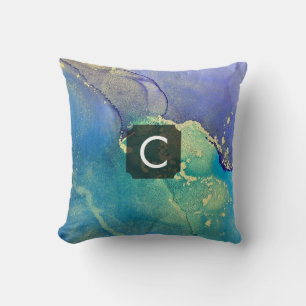 Purple Blue and Gold Abstract Art Monogram Cushion