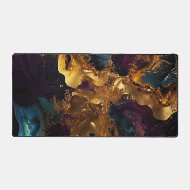 Purple, Blue, and Gold Liquid Marble Desk Mat (Front)