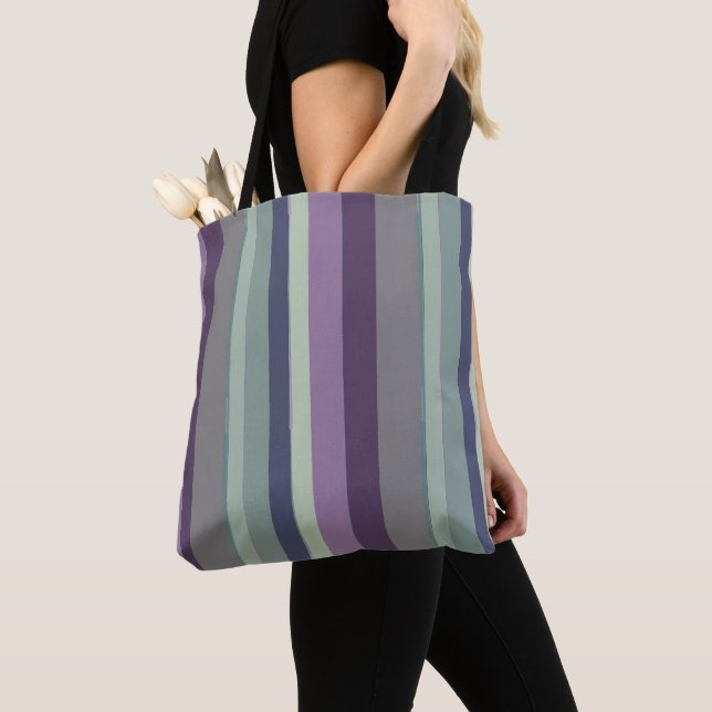 Purple, Blue and Green Abstract Stripes Tote Bag (Close Up)