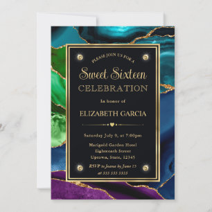 Purple, Blue and Green Glitter Agate Sweet Sixteen Invitation