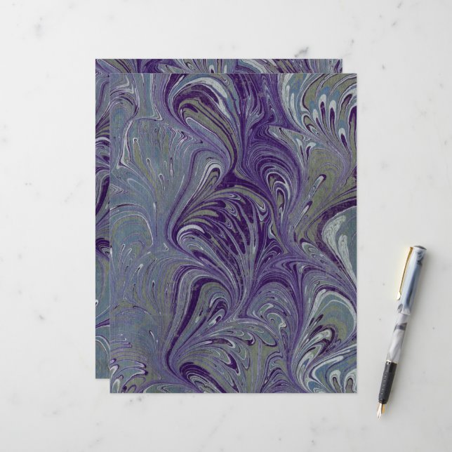 Purple, Blue, and Green Marbled Paper (Front/Back In Situ)