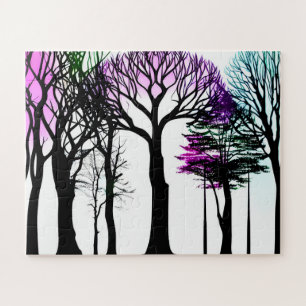 Purple Blue and Green on Black Trees For Kids Jigsaw Puzzle