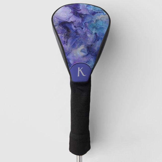 Purple, Blue and Grey Watercolor Monogram Golf Head Cover (Front)