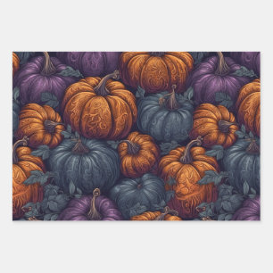 Purple, Blue and Orange Pumpkins Wrapping Paper Sheet