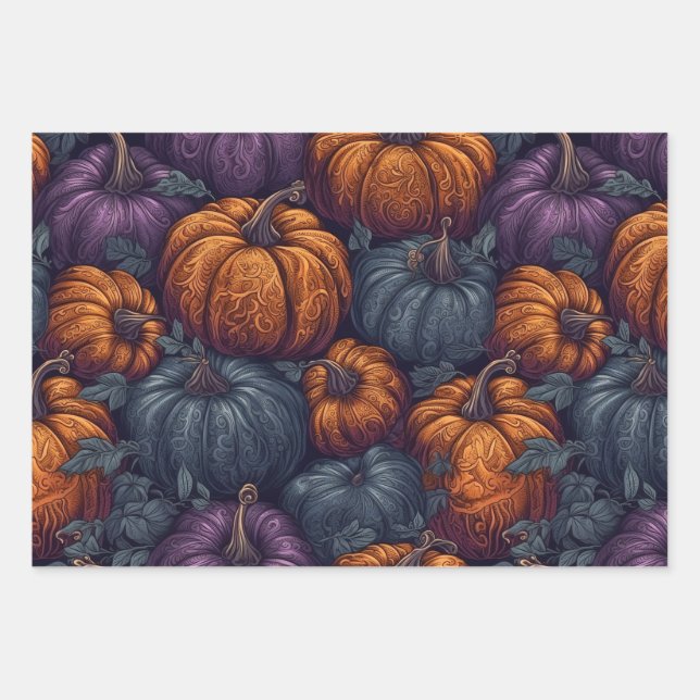 Purple, Blue and Orange Pumpkins Wrapping Paper Sheet (Front)