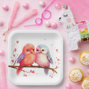 Purple, Blue and Pink Lovebirds  Paper Plate