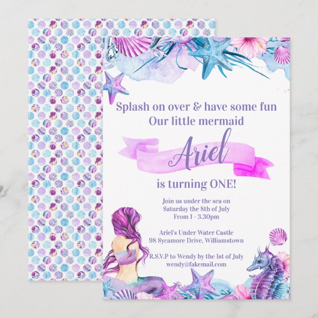 Purple, Blue and Pink Mermaid Birthday Invitation (Front/Back)