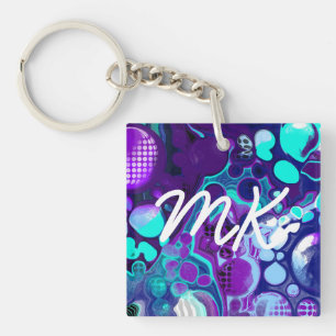 Purple, Blue and Teal Abstract Fluid Art Key Ring