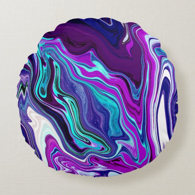 Purple, Blue and Teal Abstract Fluid Art   Round Cushion (Front)