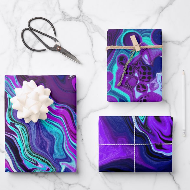 Purple, Blue and Teal Abstract Marble Art Wrapping Paper Sheet (Front)