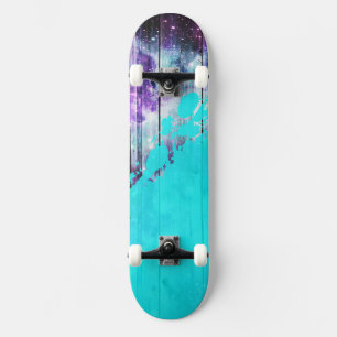 Purple, Blue,and Teal Wood Planks & Paint Splatter Skateboard