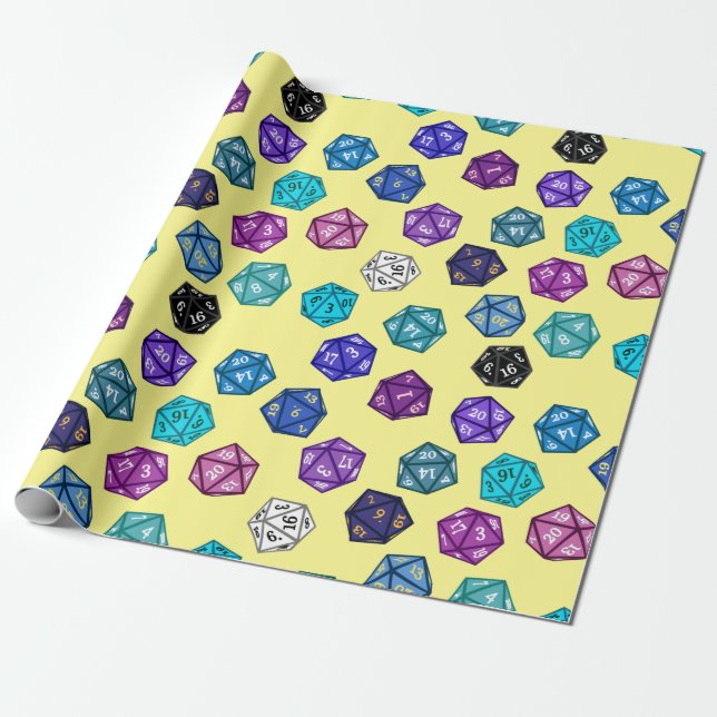 Purple Blue and Yellow D20 Dice RPG Game Wrapping Paper (Unrolled)