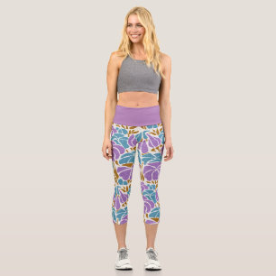 Purple Blue and Yellow Floral Capri Leggings