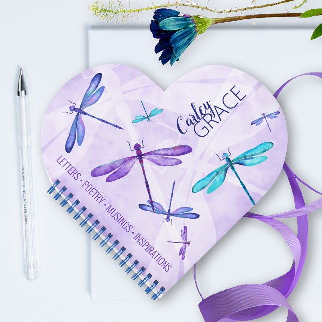 Purple, Blue, Aqua Dragonflies Custom Journal (cute, personalized purple, turquoise dragonfly journal, Valentine's day heart-shaped book for girl)