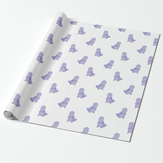Purple Blue Baby Dinosaur Pattern Wrapping Paper (Unrolled)