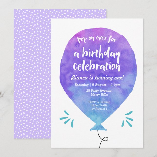 Purple Blue Balloon Birthday Invitation (Front/Back)