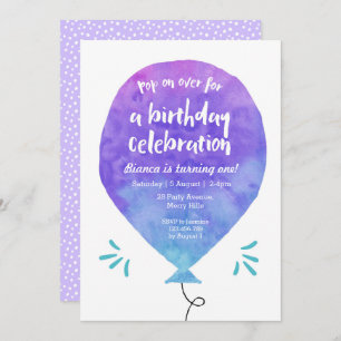 Purple Blue Balloon Birthday Invitation