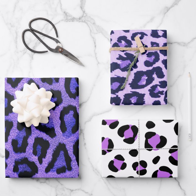 Purple Blue Black Leopard Animal Print Wrapping Paper Sheet (Front)