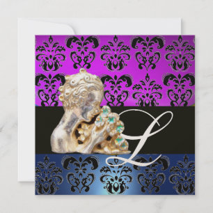 PURPLE BLUE ,BLACK, WHITE DAMASK JEWEL MONOGRAM INVITATION