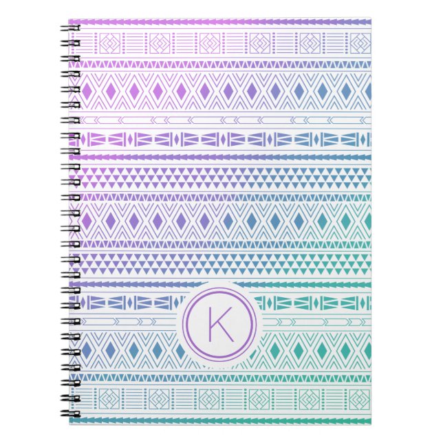 Purple Blue Boho Monogram Ombre Notebook (Front)