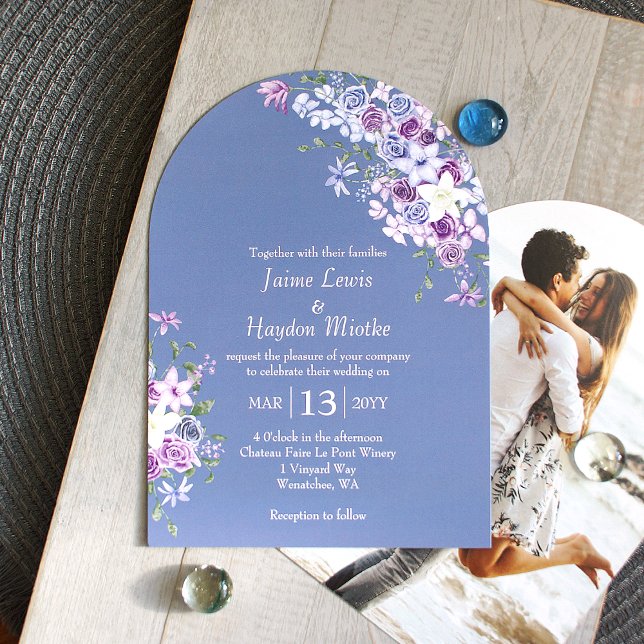 Purple & Blue Boho Rose Garden Wedding  Invitation (modern arched slate gray lavender lilac purple blue roses boho wedding invitations, blue-gray solid)