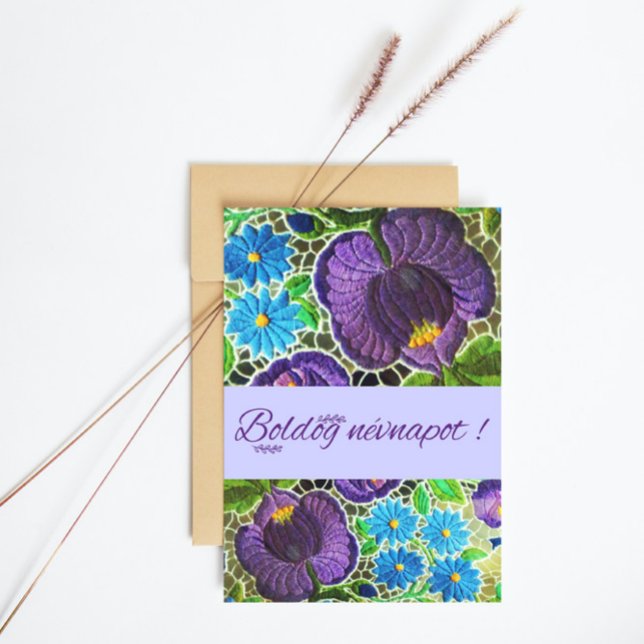 Purple - blue bold Hungarian embroidery - name day Postcard (Creator Uploaded)