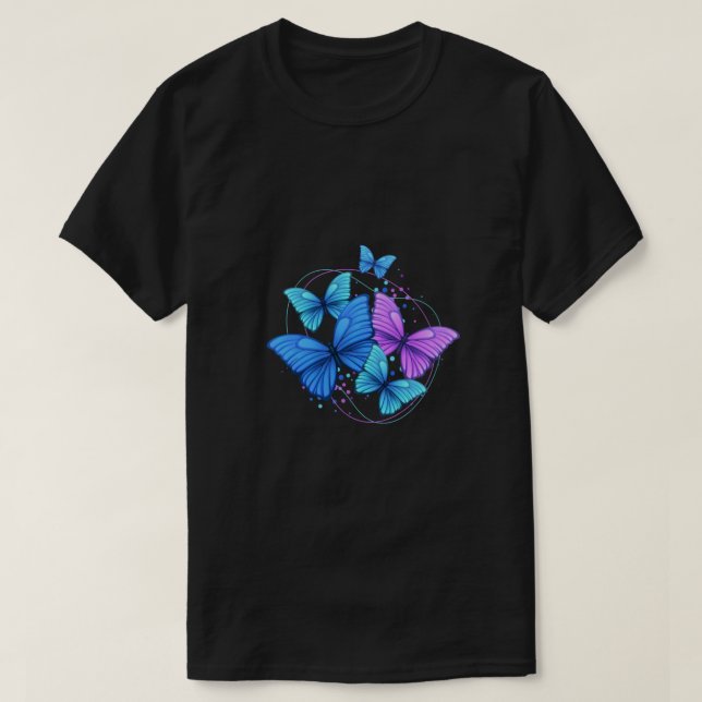 Purple Blue Bright Modern Flying Butterflies T-Shirt (Design Front)