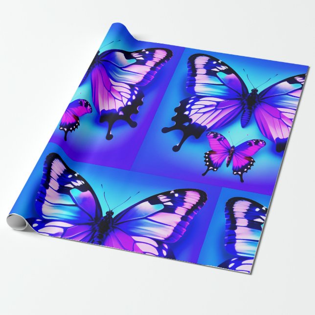 Purple & Blue Butterfly Design Wrapping Paper (Unrolled)