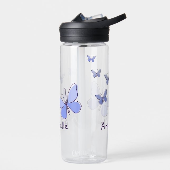 Purple Blue Butterfly Doodle Your Name Water Bottle (Left)