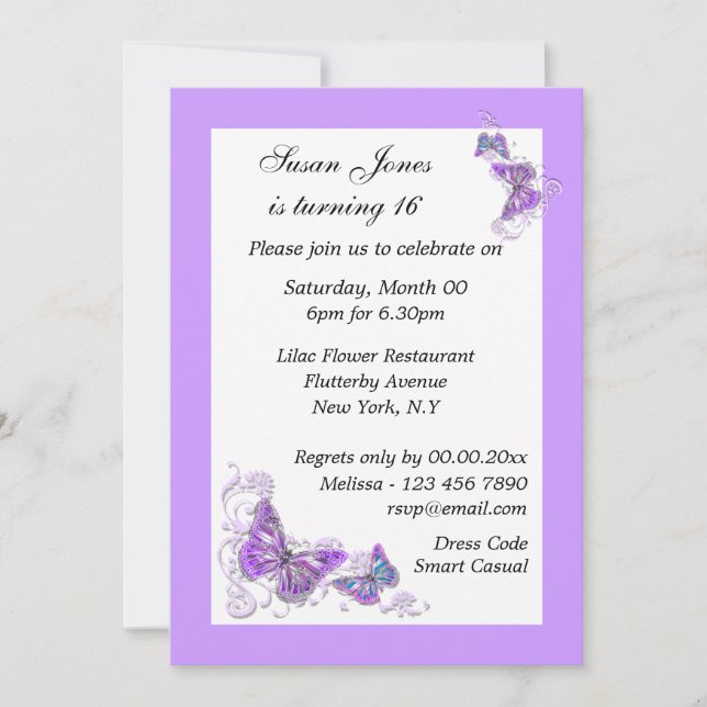 Purple blue butterfly floral PERSONALIZE Invitation (Front)