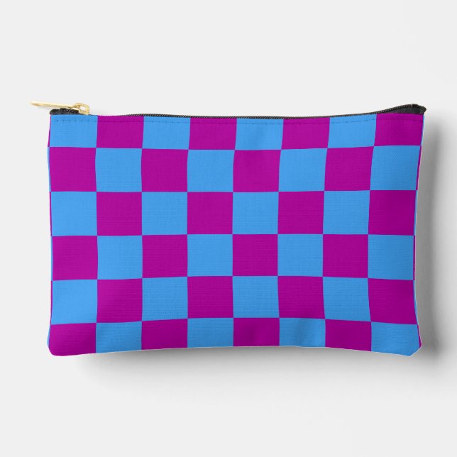 Purple Blue Chequered Check Pattern Accessory Pouch (Front)