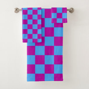 Purple Blue Chequered Check Pattern Bath Towel Set