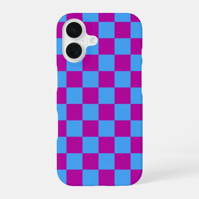 Purple Blue Chequered Check Pattern iPhone 16 Case (Back)