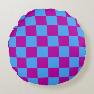 Purple Blue Chequered Check Pattern Round Cushion