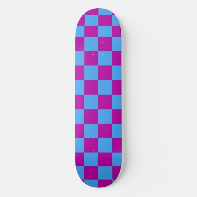 Purple Blue Chequered Check Pattern Skateboard (Front)